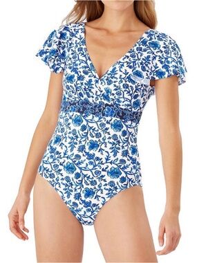 Tommy Bahama Blue and White Floral One-Piece Swim Suit